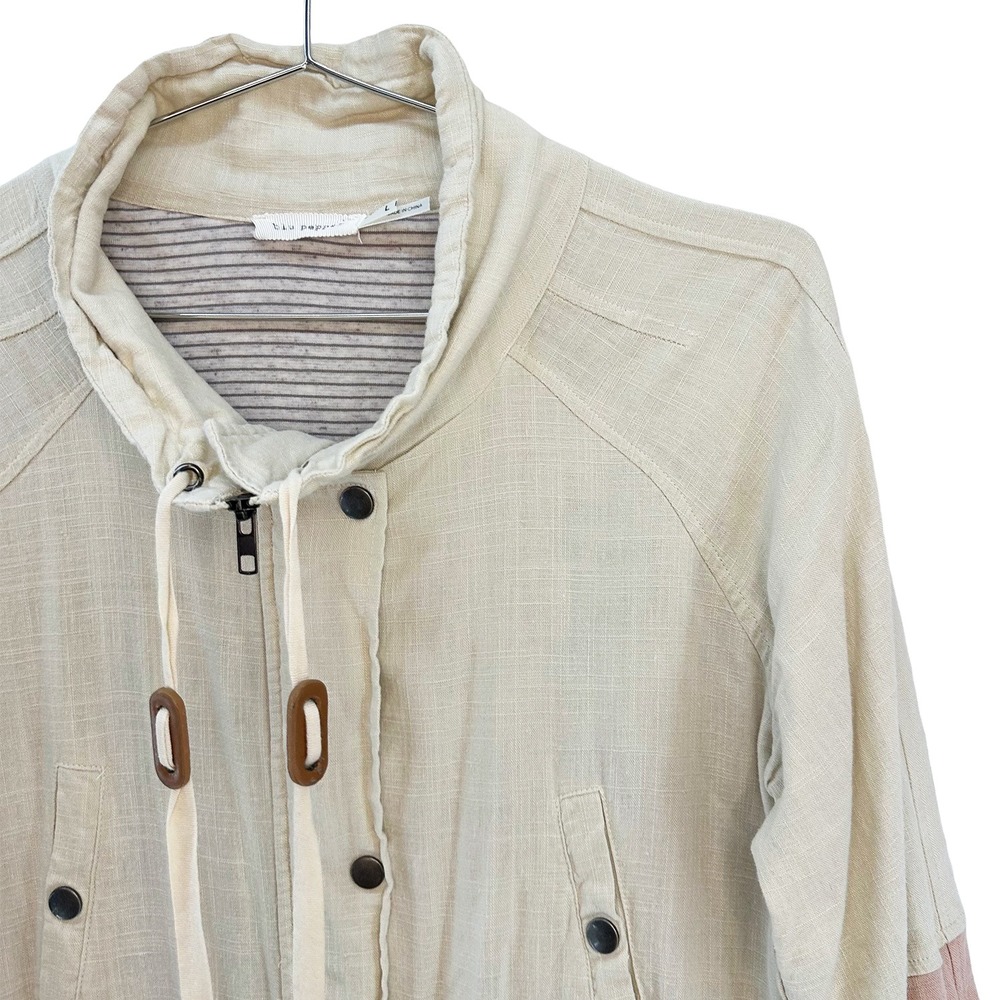 BLU PEPPER Women's Boho Linen Colorblock Utility Jacket • Large • pink, cream - Picture 3 of 10